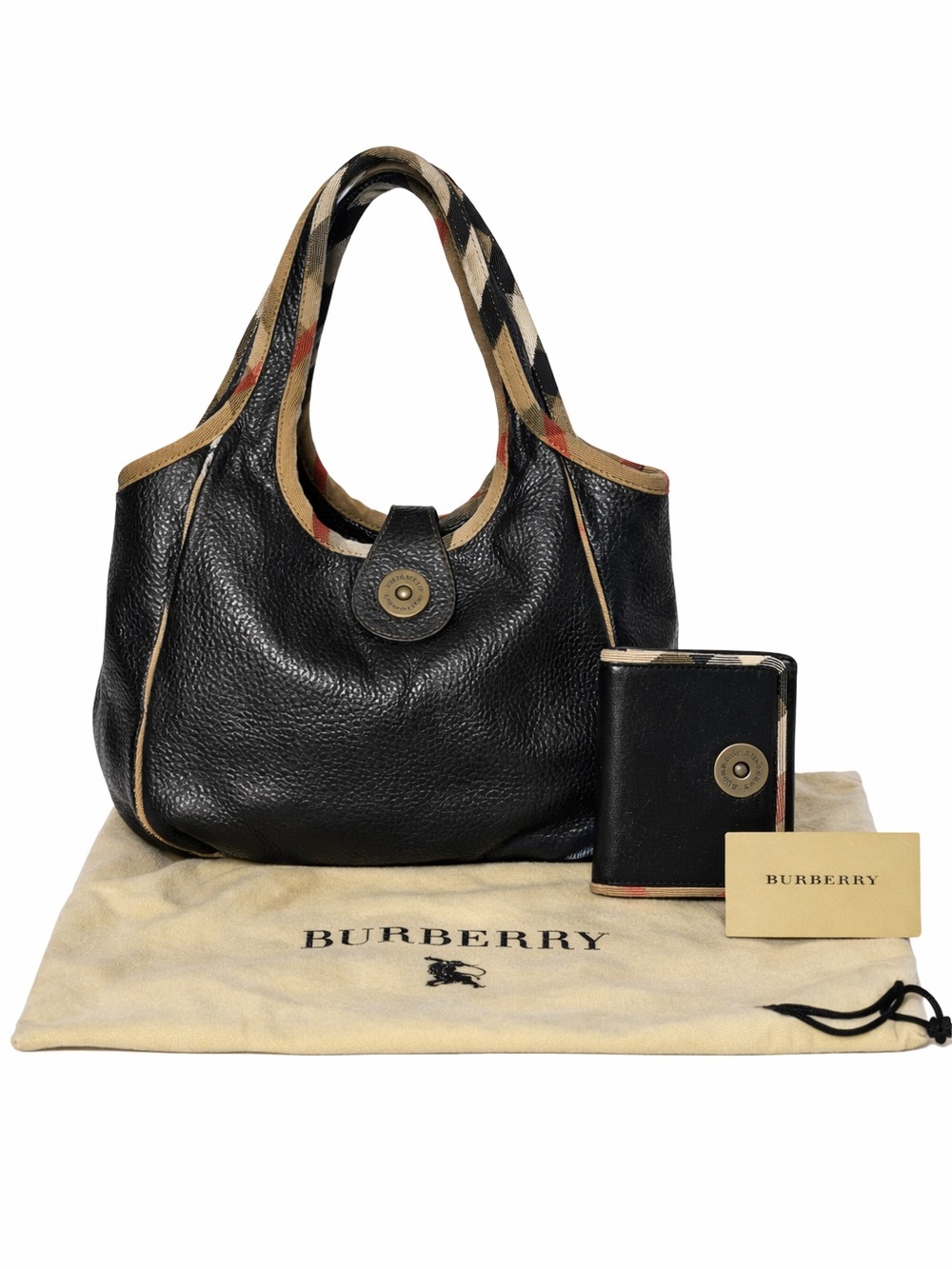 BURBERRY House Check Hobo Black Leather Mandalay Tote + Wallet + Dust Bag EUC